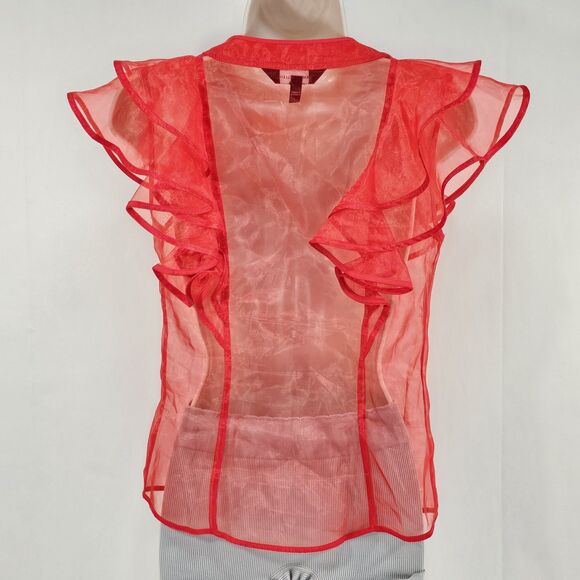 Karen Millen Red Sheer Organza Ruffle Blouse UK 8 US 4 EU 36 Button Front Top - Picture 2 of 7